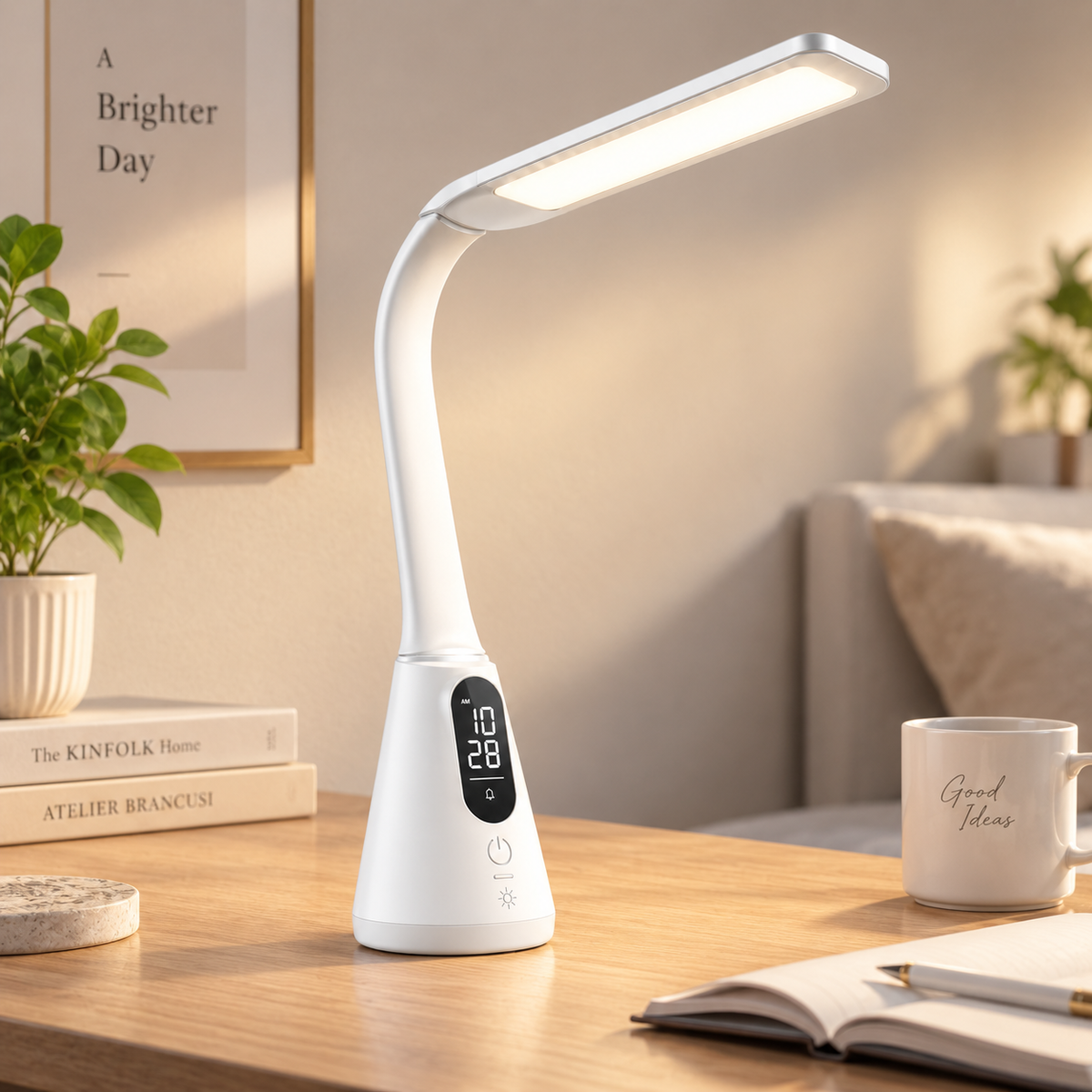 Lámpara LED moderna de escritorio con reloj digital – Lámpara flexible con pantalla y controles táctiles