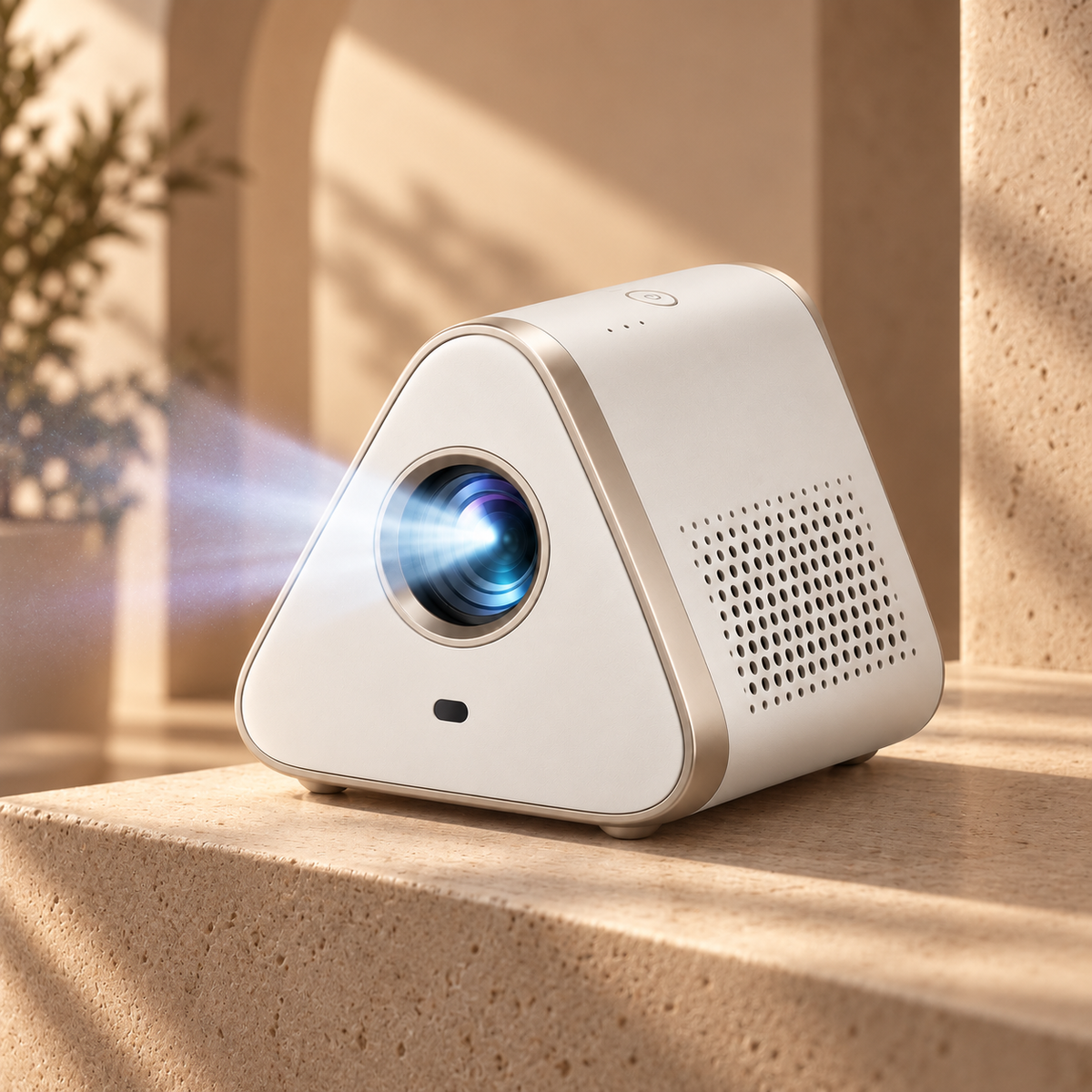 Proyector compacto de cine en casa con diseño triangular – Mini proyector moderno para sala, recámara y noches de películas
