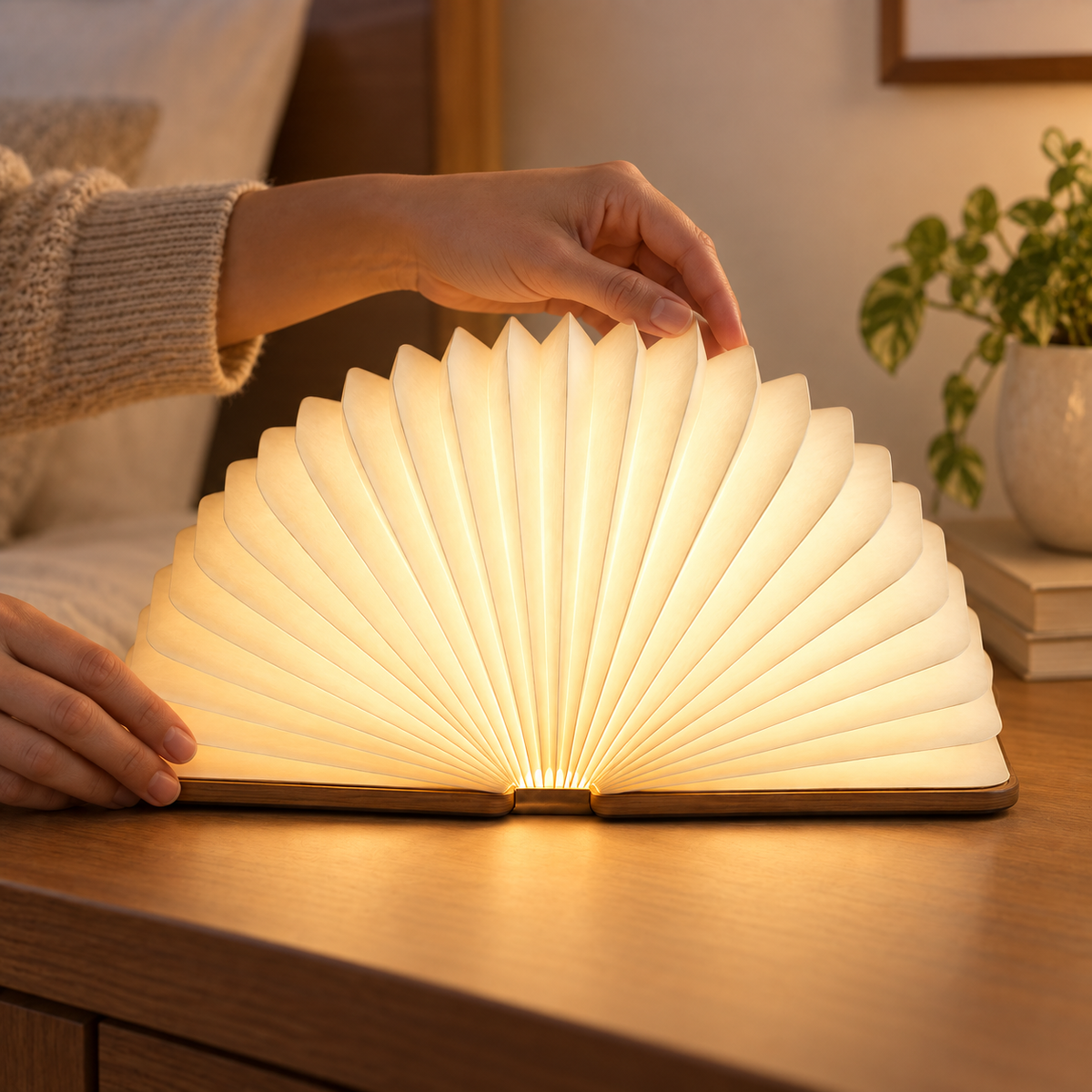 Lámpara plegable tipo abanico con base de madera – Luz ambiental decorativa con un moderno diseño inspirado en un libro