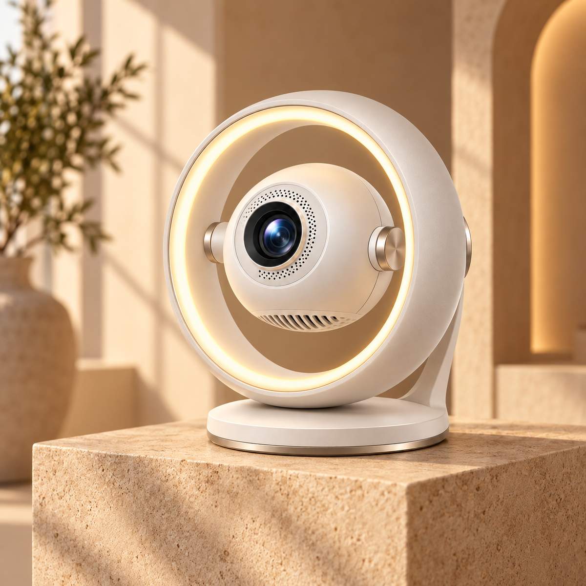 Mini proyector moderno con luz de aro – Proyector compacto para cine en casa con iluminación ambiental decorativa