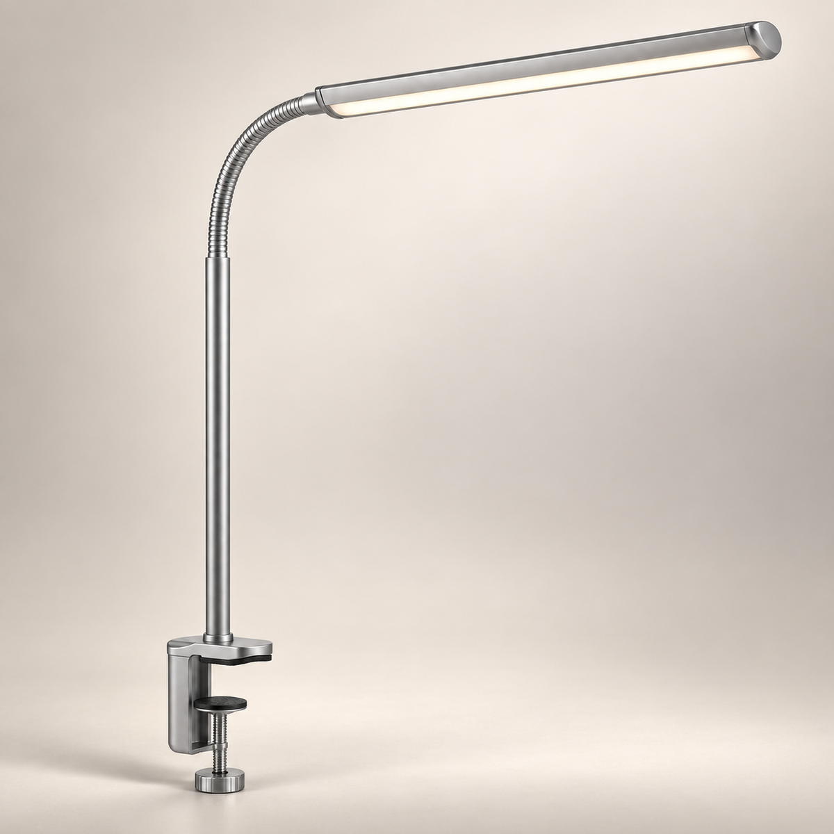 Lámpara LED de pinza plateada con cuello flexible – Luz de escritorio que ahorra espacio para home office, lectura y estudio