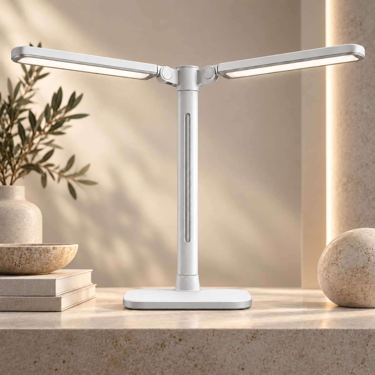 Lámpara LED de escritorio blanca con doble cabezal – Luz de trabajo amplia con brazos ajustables para home office y estudio