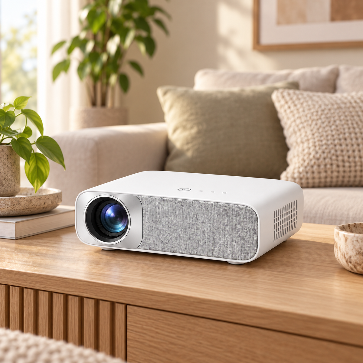 Proyector compacto blanco para cine en casa – Proyector minimalista con frente de tela para sala y recámara