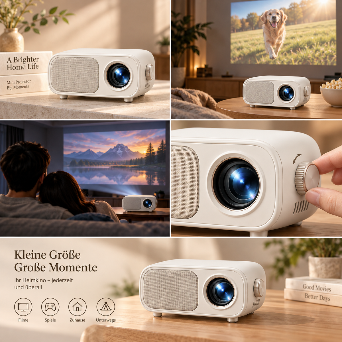 Mini proyector compacto de estilo retro – Elegante proyector para cine en casa, ideal para sala, recámara y noches de películas