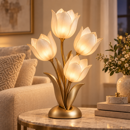 Lámpara LED decorativa de mesa con tulipanes en tono dorado – Luz ambiental floral con cuatro flores iluminadas