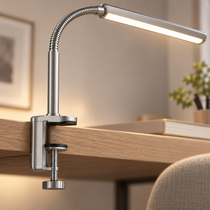 Lámpara LED de pinza plateada con cuello flexible – Luz de escritorio que ahorra espacio para home office, lectura y estudio