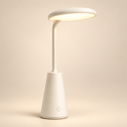 Lámpara LED de mesa en blanco crema con cabezal ovalado – Luz ambiental minimalista para escritorio, buró y hogar