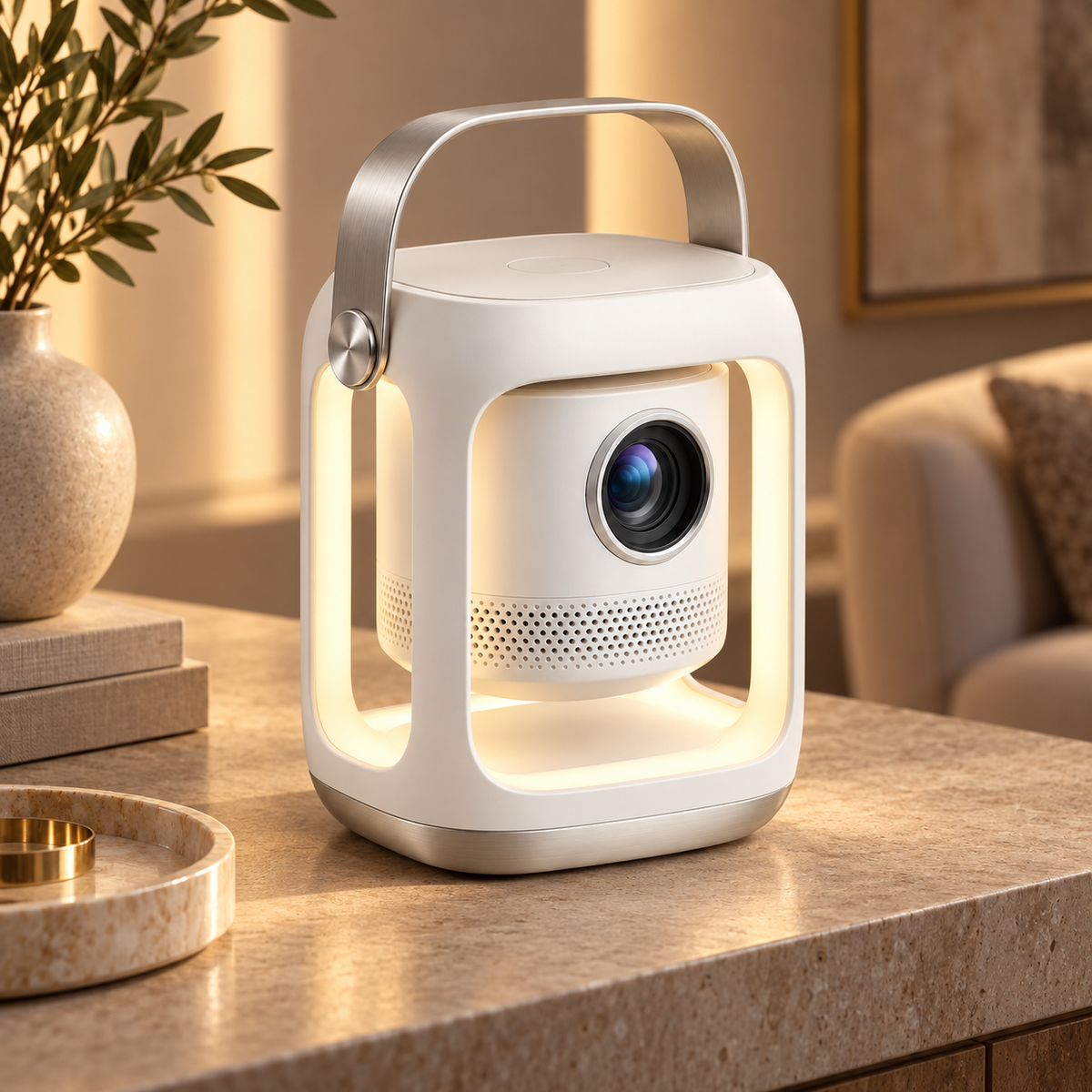 Mini proyector portátil con luz ambiental – Proyector moderno con asa de transporte para sala y recámara