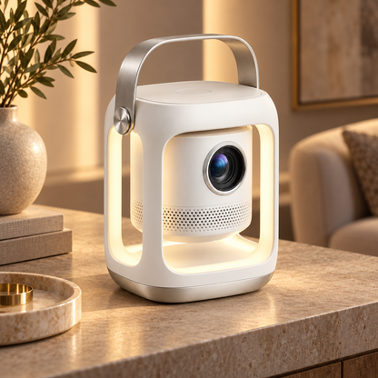 Mini proyector portátil con luz ambiental – Proyector moderno con asa de transporte para sala y recámara
