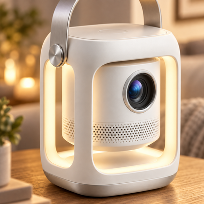 Mini proyector portátil con luz ambiental – Proyector moderno con asa de transporte para sala y recámara