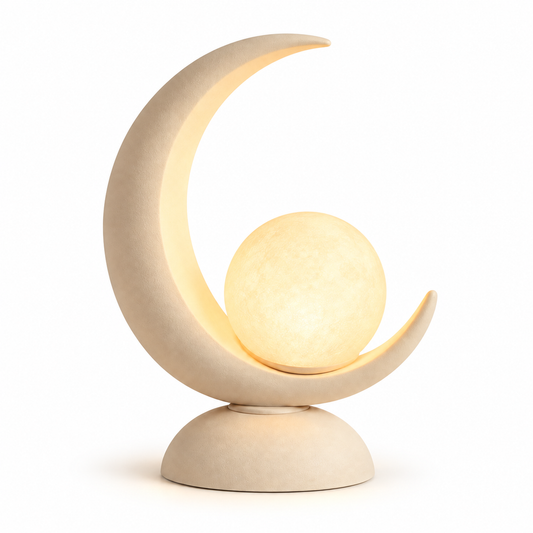 Lámpara de mesa LED con forma de luna y esfera luminosa – Luz nocturna decorativa con cálida luz ambiental