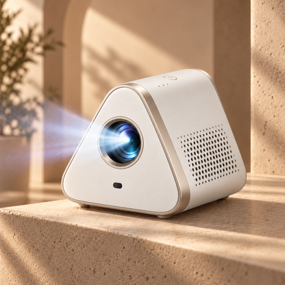 Proyector compacto de cine en casa con diseño triangular – Mini proyector moderno para sala, recámara y noches de películas