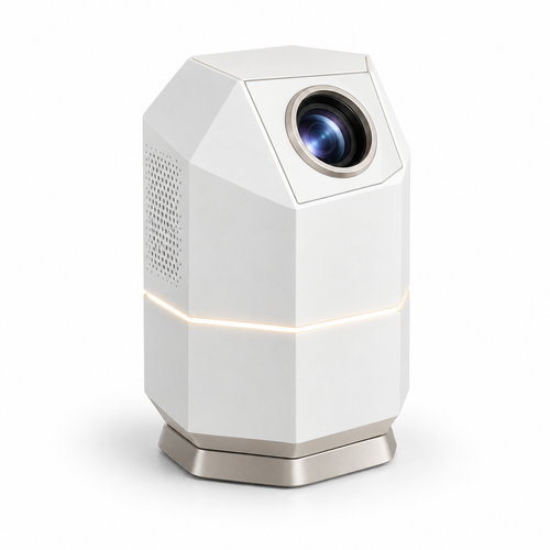 Proyector compacto de diseño moderno con forma de torre – Mini proyector elegante para sala, recámara y cine en casa