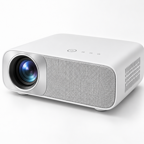 Proyector compacto blanco para cine en casa – Proyector minimalista con frente de tela para sala y recámara