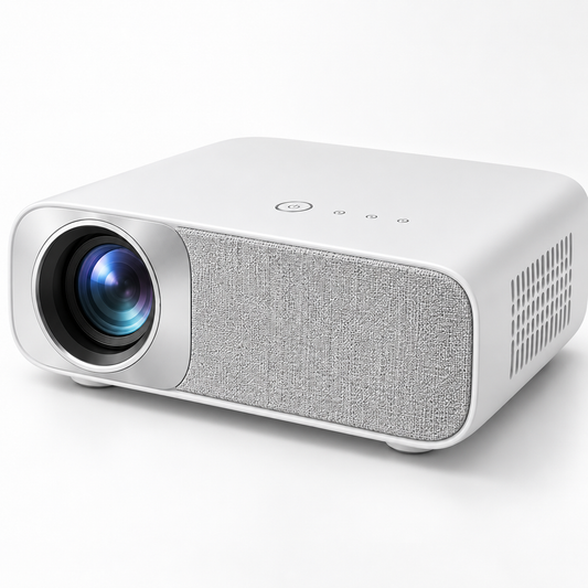 Proyector compacto blanco para cine en casa – Proyector minimalista con frente de tela para sala y recámara