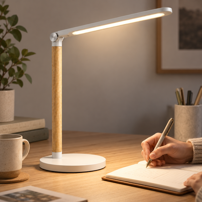 Lámpara LED de escritorio minimalista con acabado tipo madera – Luz de trabajo moderna para home office, lectura y estudio