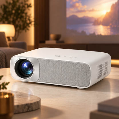 Proyector compacto blanco para cine en casa – Proyector minimalista con frente de tela para sala y recámara