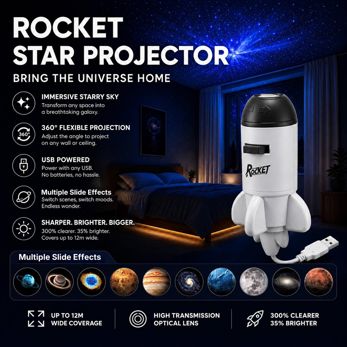 🌳BVJ® Smart Wi-Fi Rocket Star Projector Night Light—💝Create a magical galaxy, ocean, and starry-sky atmosphere for bedrooms, kids’ rooms, and relaxing nights.