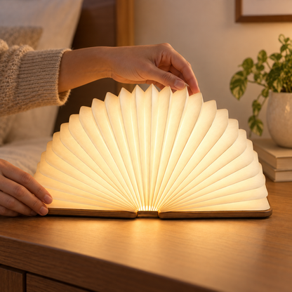 Lámpara plegable tipo abanico con base de madera – Luz ambiental decorativa con un moderno diseño inspirado en un libro