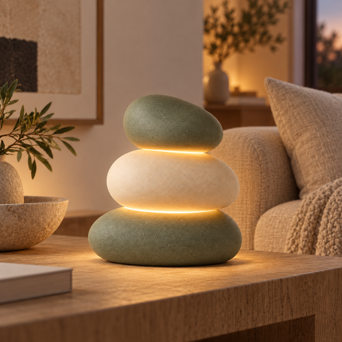 Lámpara LED de mesa con diseño de piedras apiladas – Luz ambiental decorativa con un cálido resplandor blanco