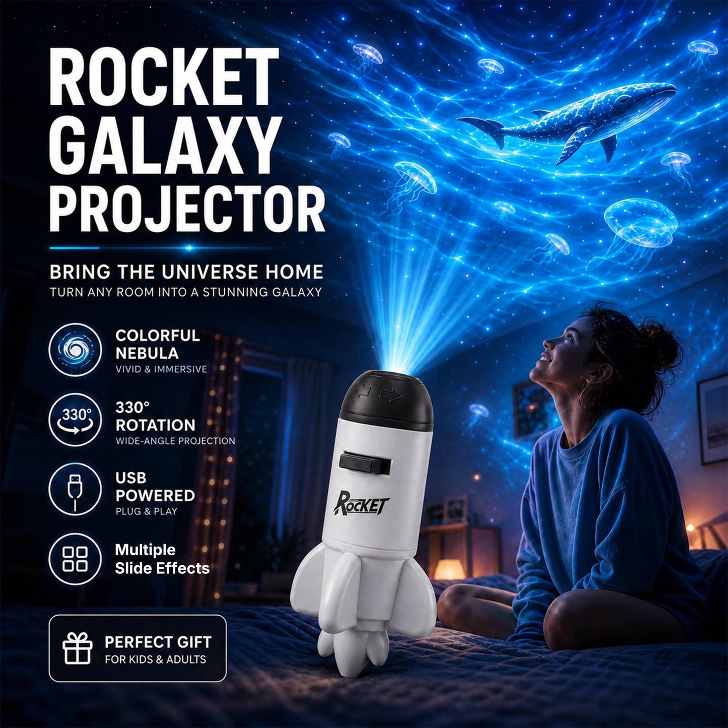 🌳BVJ® Smart Wi-Fi Rocket Star Projector Night Light—💝Create a magical galaxy, ocean, and starry-sky atmosphere for bedrooms, kids’ rooms, and relaxing nights.