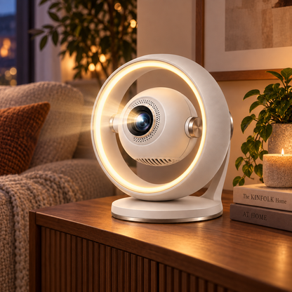 Mini proyector moderno con luz de aro – Proyector compacto para cine en casa con iluminación ambiental decorativa