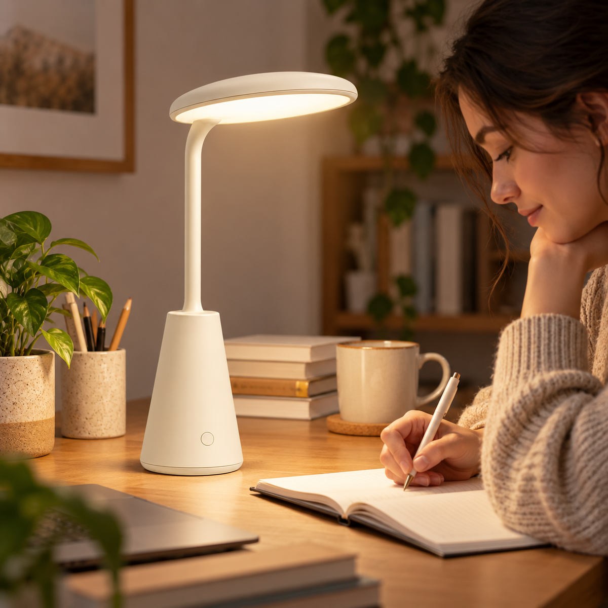 Lámpara LED de mesa en blanco crema con cabezal ovalado – Luz ambiental minimalista para escritorio, buró y hogar