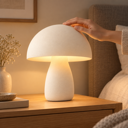 Lámpara LED de mesa en forma de hongo en blanco crema – Luz nocturna minimalista con cálida iluminación ambiental