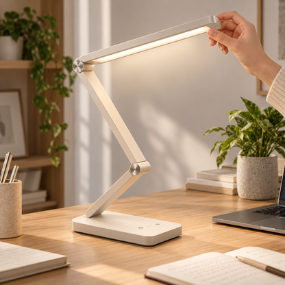 Lámpara LED de escritorio ajustable en blanco crema – Luz de trabajo moderna con controles táctiles para home office y lectura