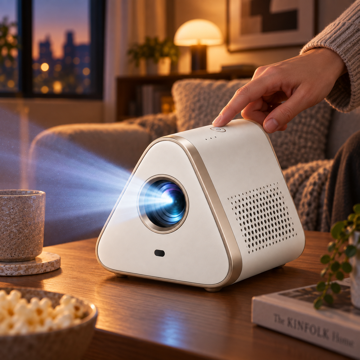 Proyector compacto de cine en casa con diseño triangular – Mini proyector moderno para sala, recámara y noches de películas