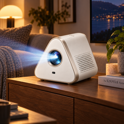 Proyector compacto de cine en casa con diseño triangular – Mini proyector moderno para sala, recámara y noches de películas