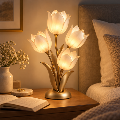 Lámpara LED decorativa de mesa con tulipanes en tono dorado – Luz ambiental floral con cuatro flores iluminadas