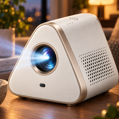Proyector compacto de cine en casa con diseño triangular – Mini proyector moderno para sala, recámara y noches de películas