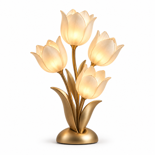 Lámpara LED decorativa de mesa con tulipanes en tono dorado – Luz ambiental floral con cuatro flores iluminadas
