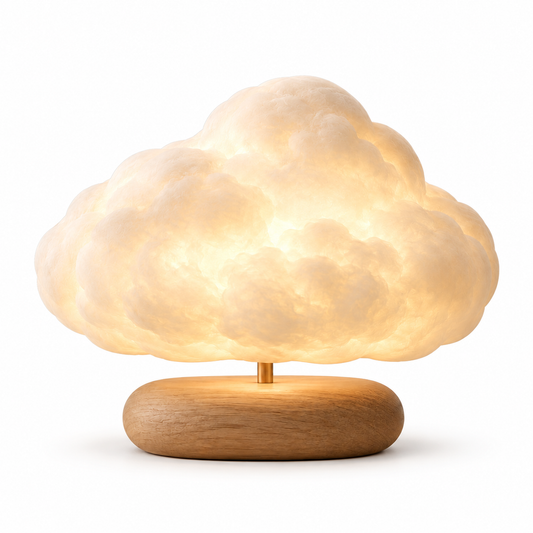 Lámpara en forma de nube con base de madera – Luz ambiental decorativa con un cálido resplandor para recámaras y salas