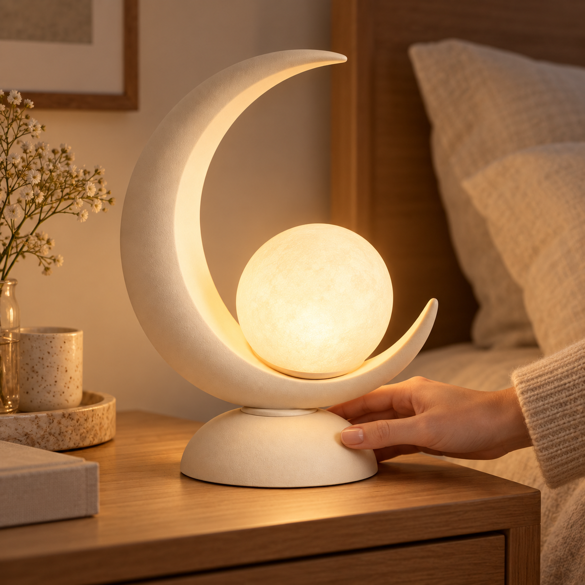 Lámpara de mesa LED con forma de luna y esfera luminosa – Luz nocturna decorativa con cálida luz ambiental