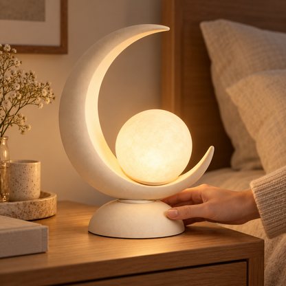 Lámpara de mesa LED con forma de luna y esfera luminosa – Luz nocturna decorativa con cálida luz ambiental