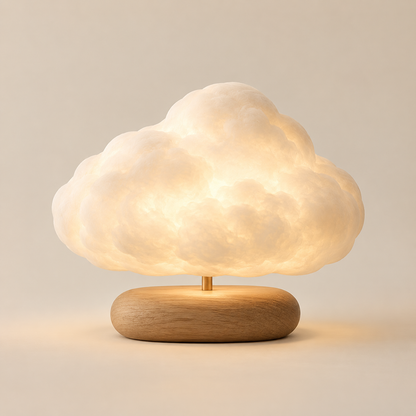 Lámpara en forma de nube con base de madera – Luz ambiental decorativa con un cálido resplandor para recámaras y salas
