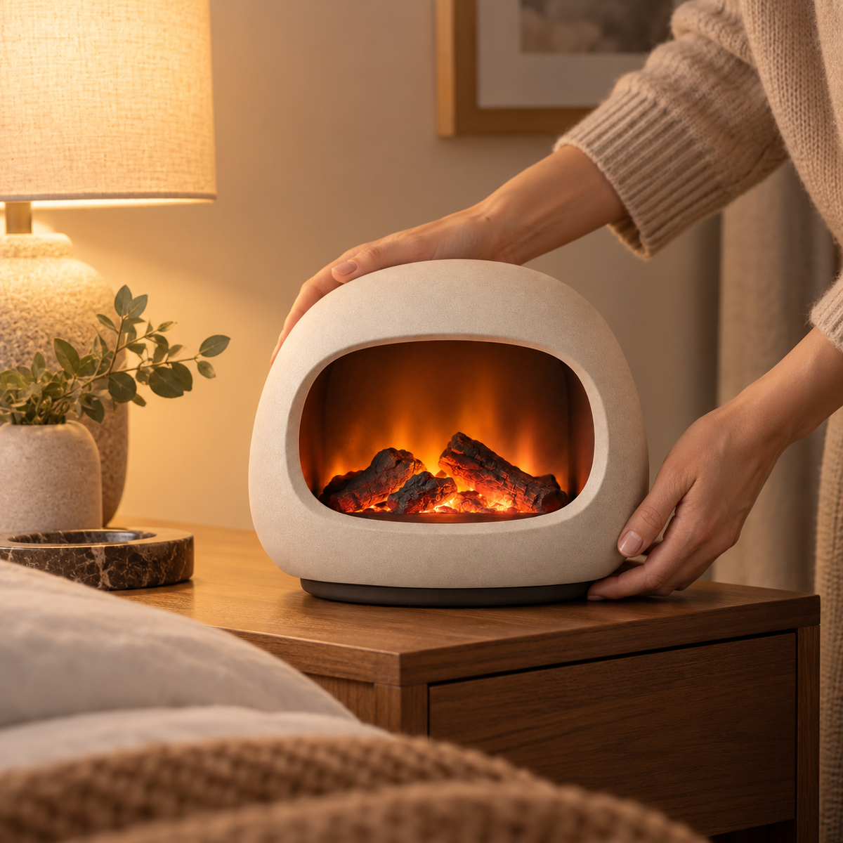 Lámpara LED decorativa tipo chimenea en blanco crema – Luz ambiental moderna con acogedor efecto de llama