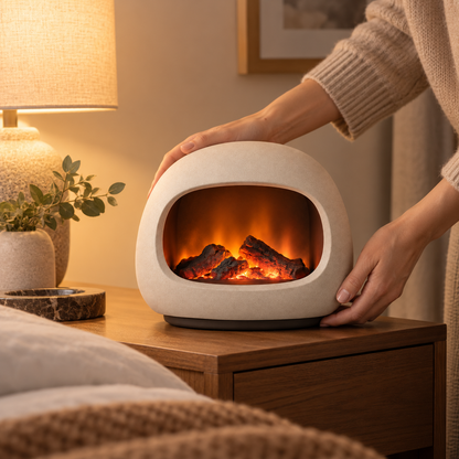 Lámpara LED decorativa tipo chimenea en blanco crema – Luz ambiental moderna con acogedor efecto de llama