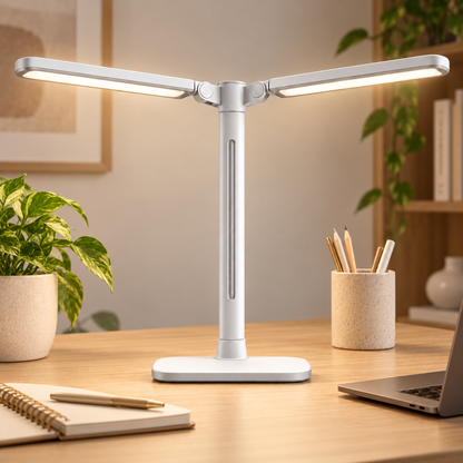 Lámpara LED de escritorio blanca con doble cabezal – Luz de trabajo amplia con brazos ajustables para home office y estudio