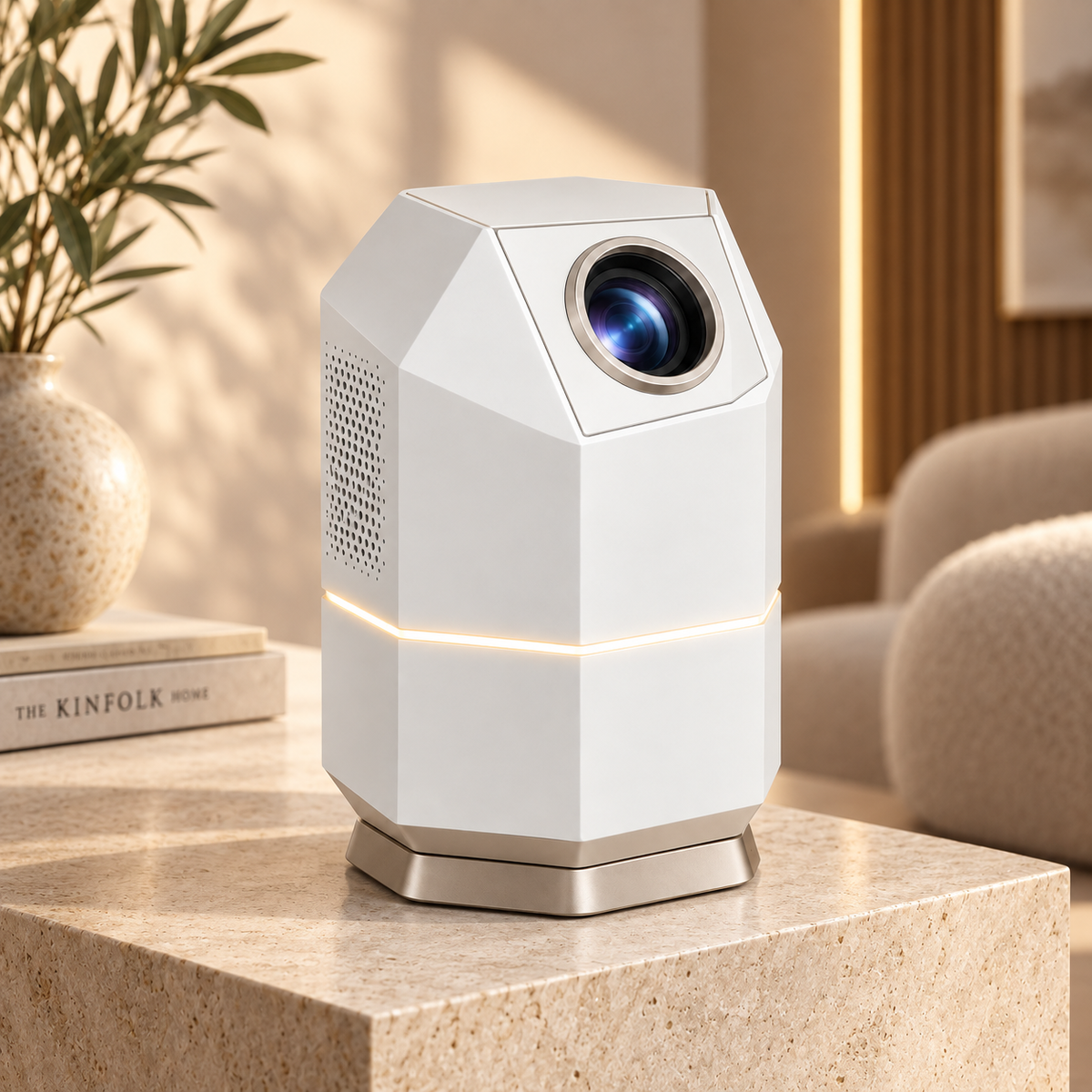 Proyector compacto de diseño moderno con forma de torre – Mini proyector elegante para sala, recámara y cine en casa