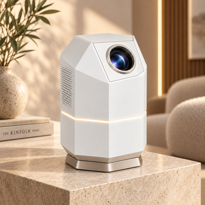 Proyector compacto de diseño moderno con forma de torre – Mini proyector elegante para sala, recámara y cine en casa