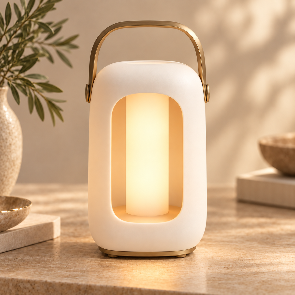 Linterna LED portátil en blanco crema – Luz nocturna minimalista con cálida iluminación ambiental