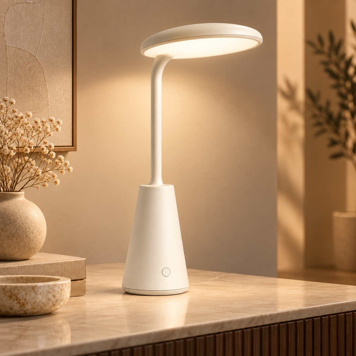 Lámpara LED de mesa en blanco crema con cabezal ovalado – Luz ambiental minimalista para escritorio, buró y hogar