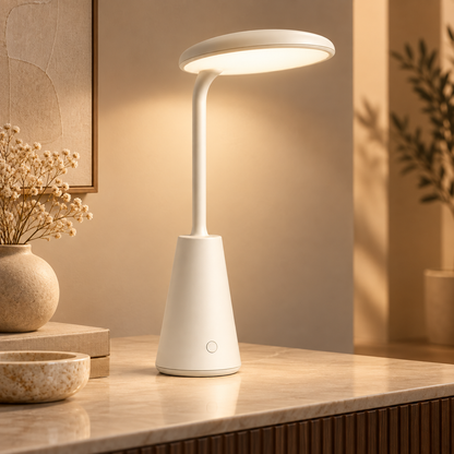 Lámpara LED de mesa en blanco crema con cabezal ovalado – Luz ambiental minimalista para escritorio, buró y hogar