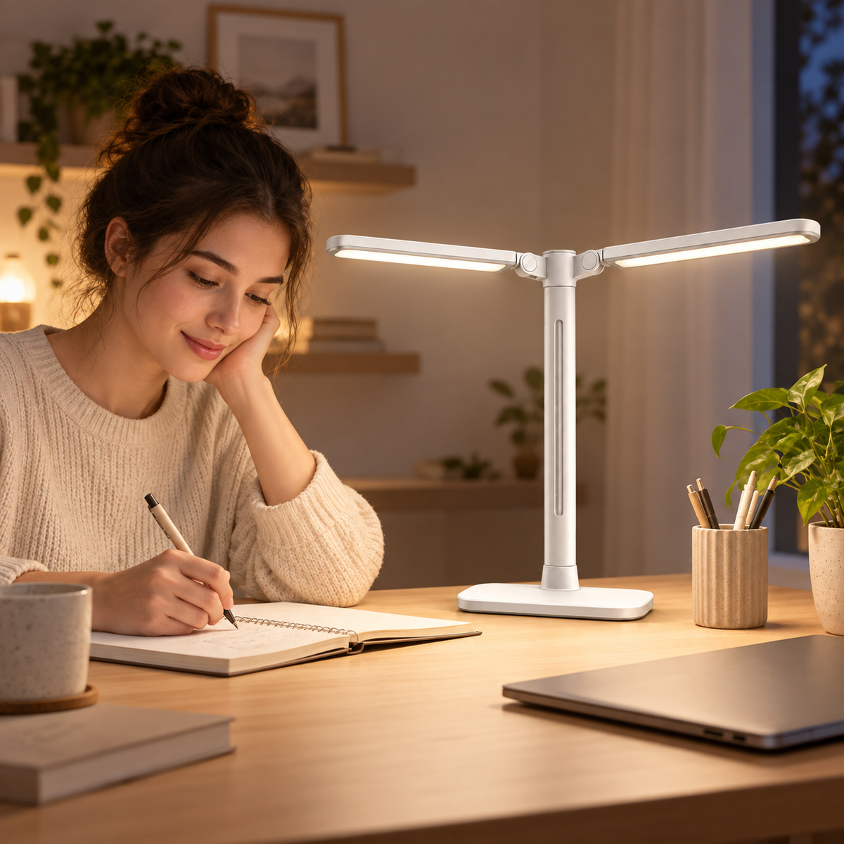 Lámpara LED de escritorio blanca con doble cabezal – Luz de trabajo amplia con brazos ajustables para home office y estudio