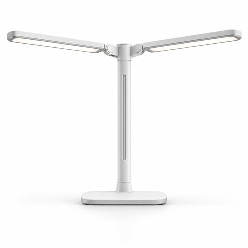 Lámpara LED de escritorio blanca con doble cabezal – Luz de trabajo amplia con brazos ajustables para home office y estudio