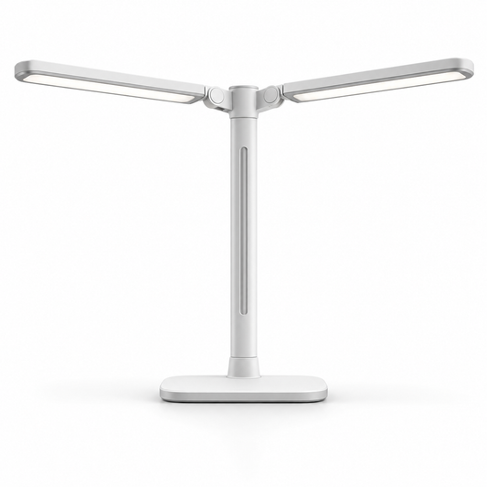 Lámpara LED de escritorio blanca con doble cabezal – Luz de trabajo amplia con brazos ajustables para home office y estudio