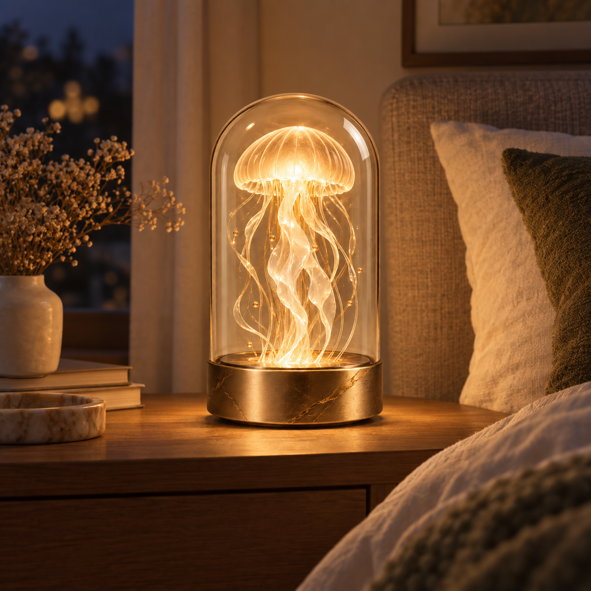 Lámpara decorativa de medusa bajo cristal – Elegante luz ambiental con un cálido resplandor para salas y recámaras